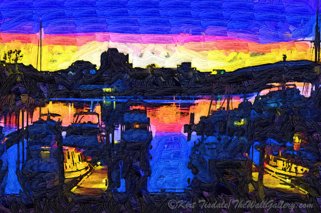 The Harbor At Dusk - was created using a fauvism (Fauvism: a style of painting with vivid expressionistic and non-naturalistic use of color that flourished in Paris from 1905) technique of a harbor at dusk. This technique uses abstract shapes and variations of colors to create a unique look. The setting is Victoria Harbour in British Columbia. The fishing boats are docked for the night, just as dusk settles in.